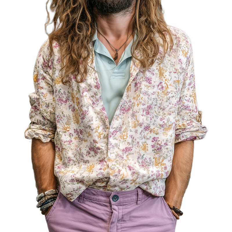 Men's Floral Print Lapel Long Sleeve Shirt MTA1070G7Z