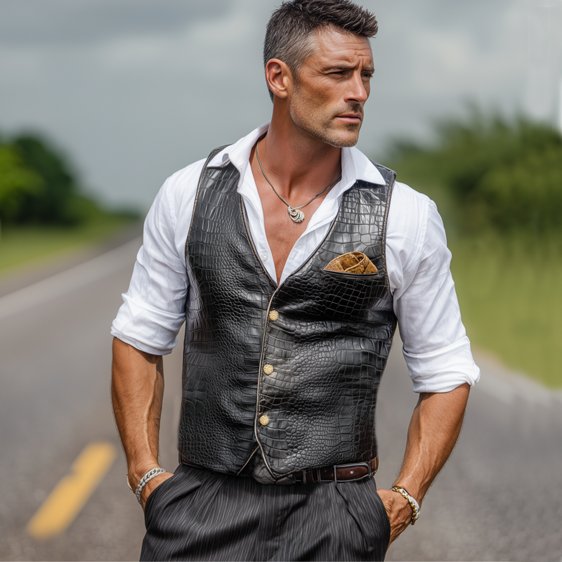 Men's Vintage Crocodile Textured PU Leather Three-button Vest MTA1305H0U