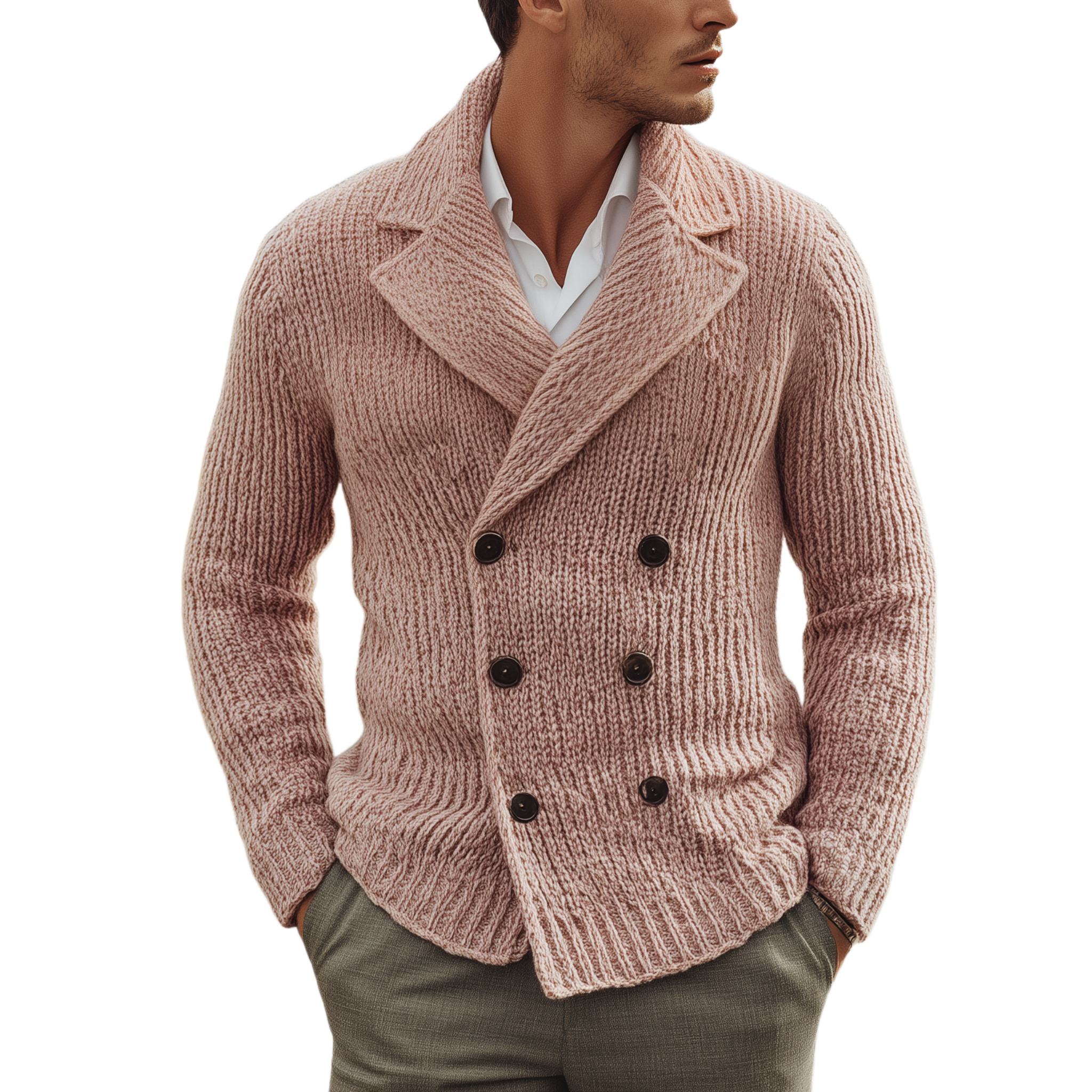 Men's Classic Casual Lapel Double-breasted Slim-fit Pink Knitted Cardigan MTA0855I4K
