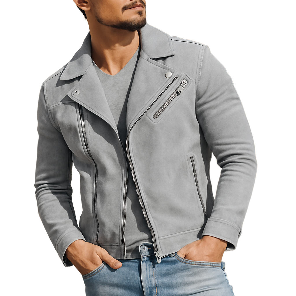 Men's Vintage Solid Color Faux Suede Diagonal Zipper Motorcycle Jacket MTA0288H3X