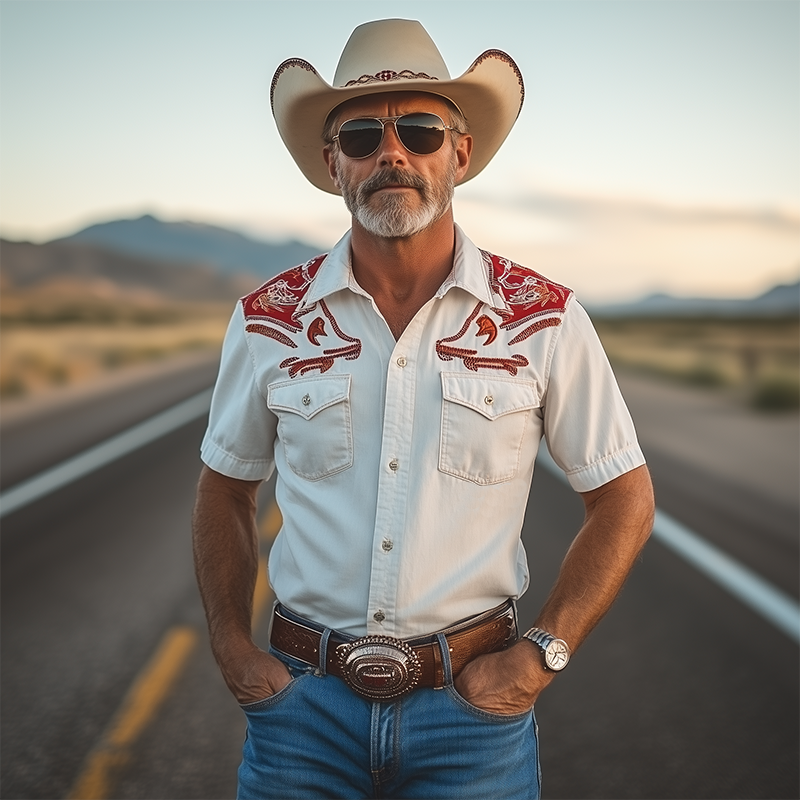 Men's Spring And Summer New Fashion Classic Retro Western Cowboy Style Cotton Blended Stitching Cotton And Linen Contrast Color Embroidery Short-Sleeved Shirt MTA0983E7K
