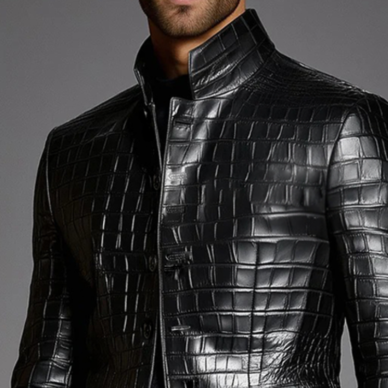 Men's Retro Casual Crocodile Pattern PU Embossed Stand Collar Jacket MTA1186K1TO