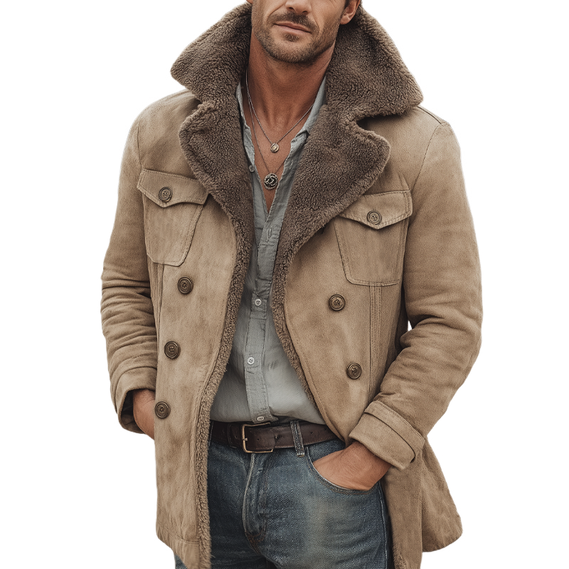 Men's Warm Suede Lambswool Lined Double-Breasted Short Coat MTA1059K9U