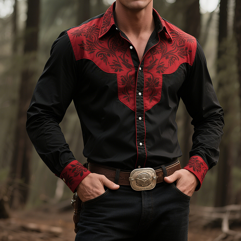 Men's Retro Casual Western Style Floral Print Lapel Long Sleeve Shirt MTA1400H1TO