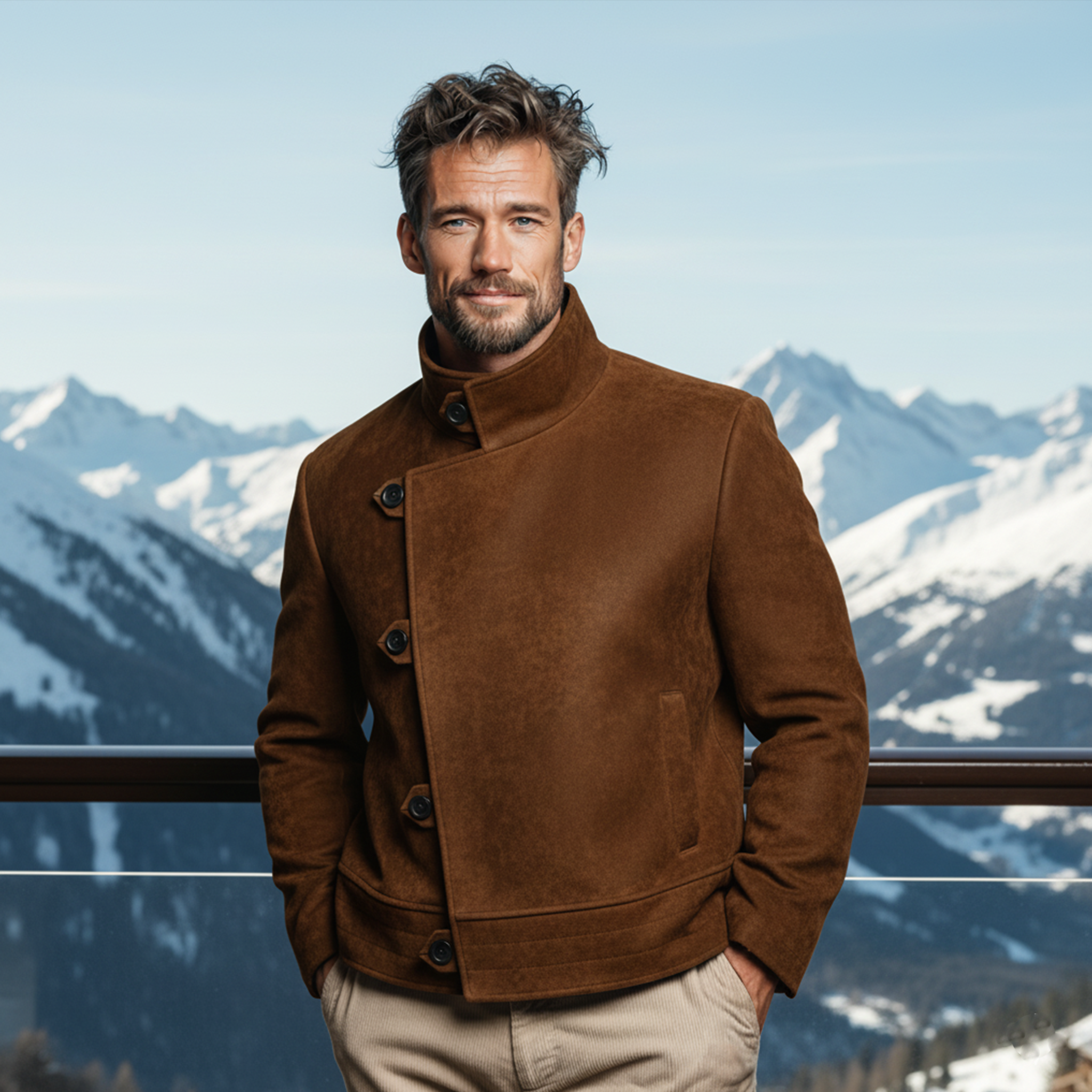 Men's Classic Retro Stand-up Collar Slanted Placket Button Faux Suede Jacket MTA0837K5K