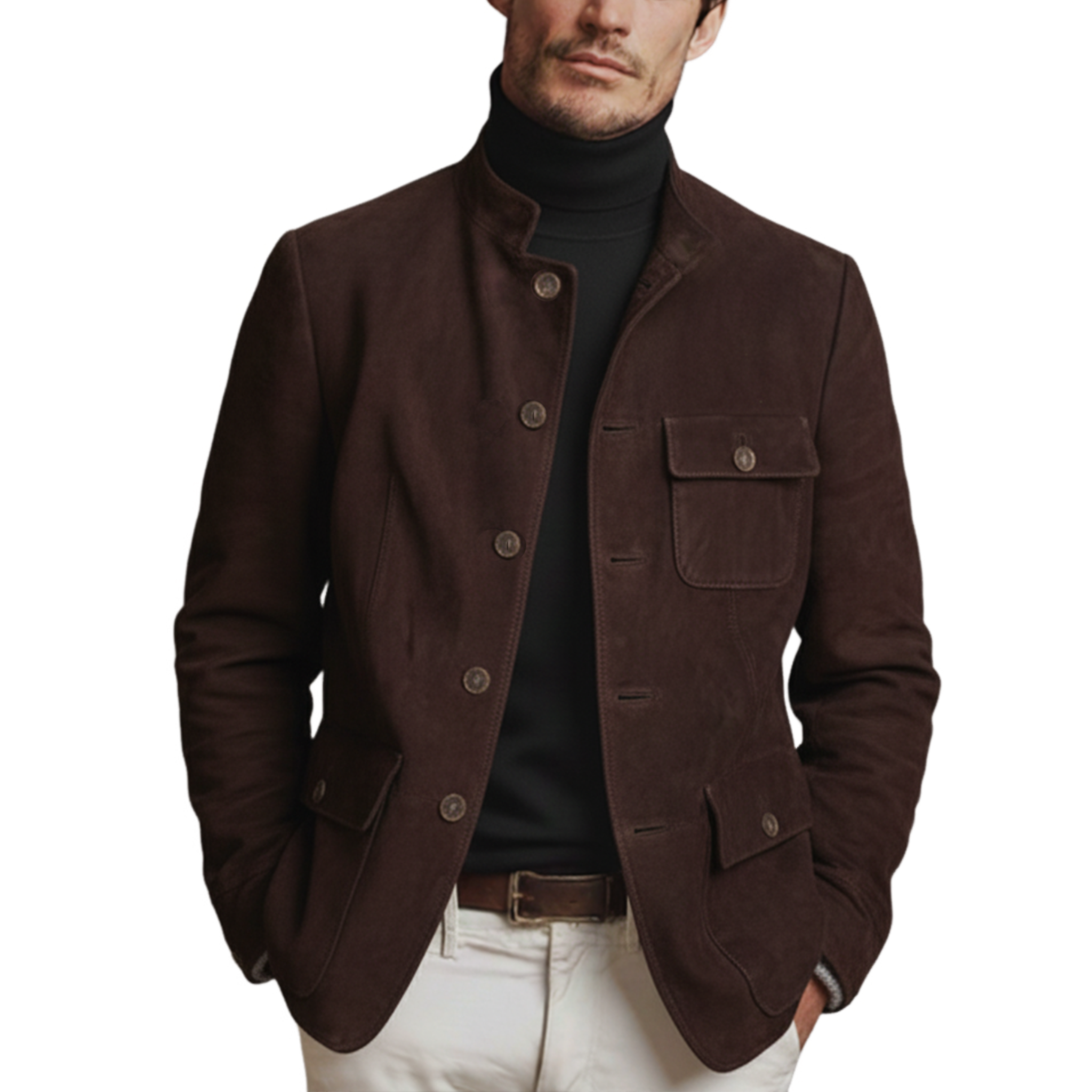 Men's Classic Retro Stand-up Collar Single-breasted Faux Suede Jacket MTA3155J5K