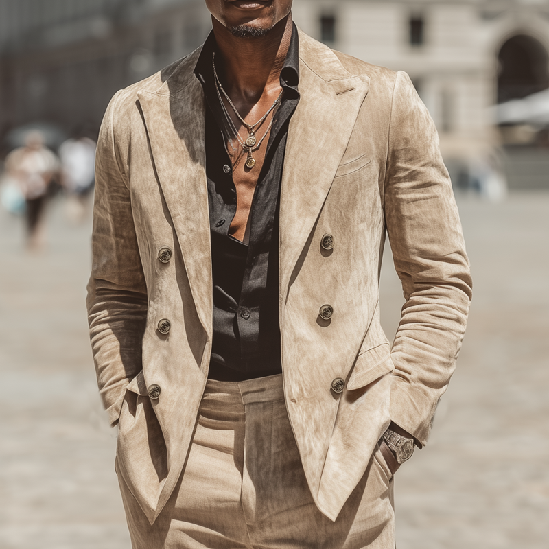 Men's Classic Camel Double-Breasted Suede Blazer MTA1076I2U