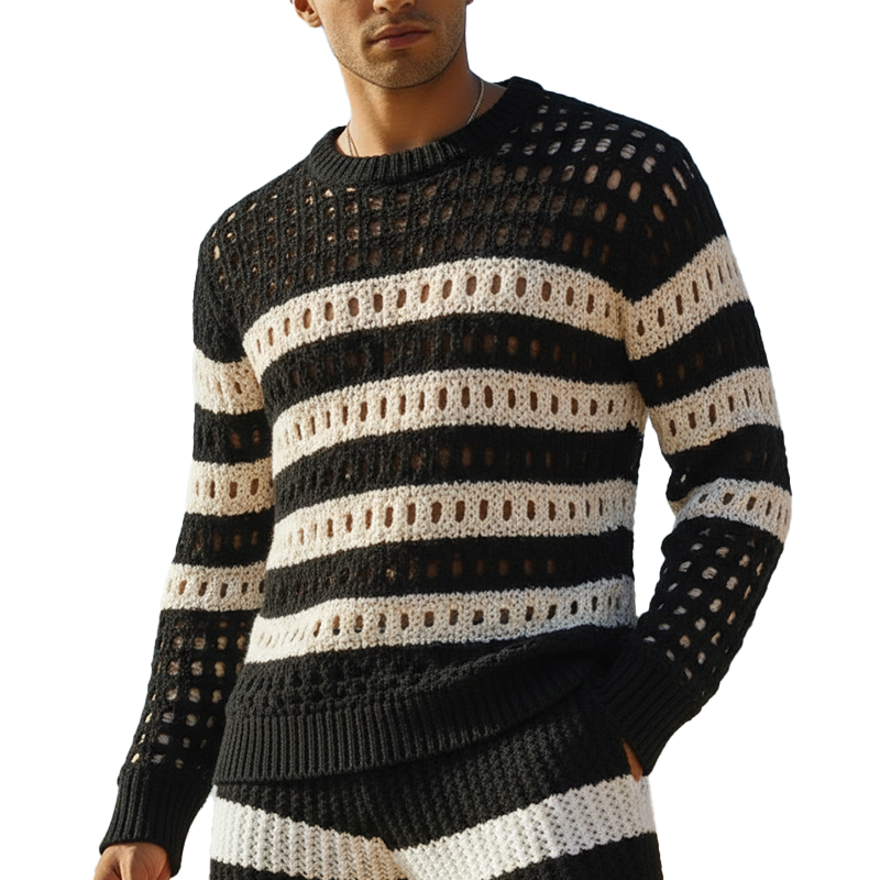 Men's Spring Retro Color-Block Striped Cotton Yarn Knitted Hollow Long-Sleeve Sweater MTZ2395A0P