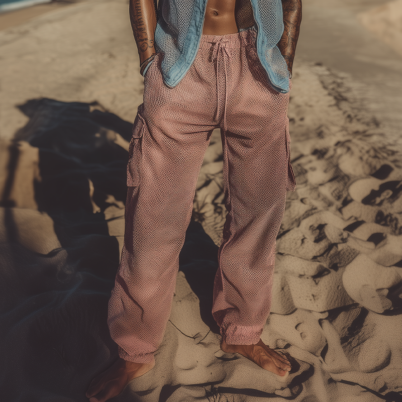 Men's Spring And Summer Fashion Casual Mesh Fabric With Lining Multi-Pocket Cuff Elastic Waist Pants MTA2042F8K