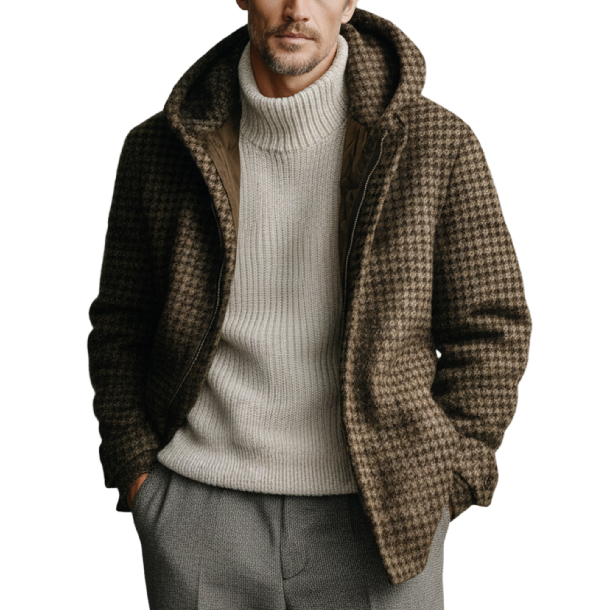 Men's Classic Light Business Hooded Zipper Faux Houndstooth Wool Jacket MTA1758J7K