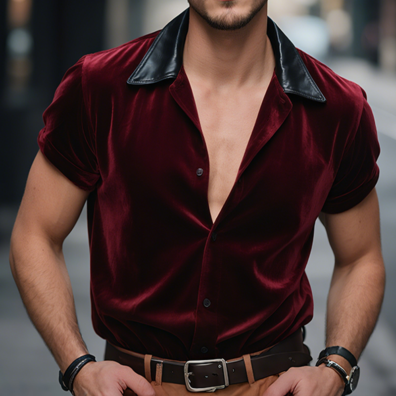 Men's Retro Casual Velvet Leather Lapel Short Sleeve Shirt MTA0768G0TO