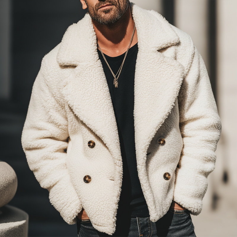 Men's Urban Double-Breasted Notched Lapel Faux Lambswool Jacket MTA1112K2U