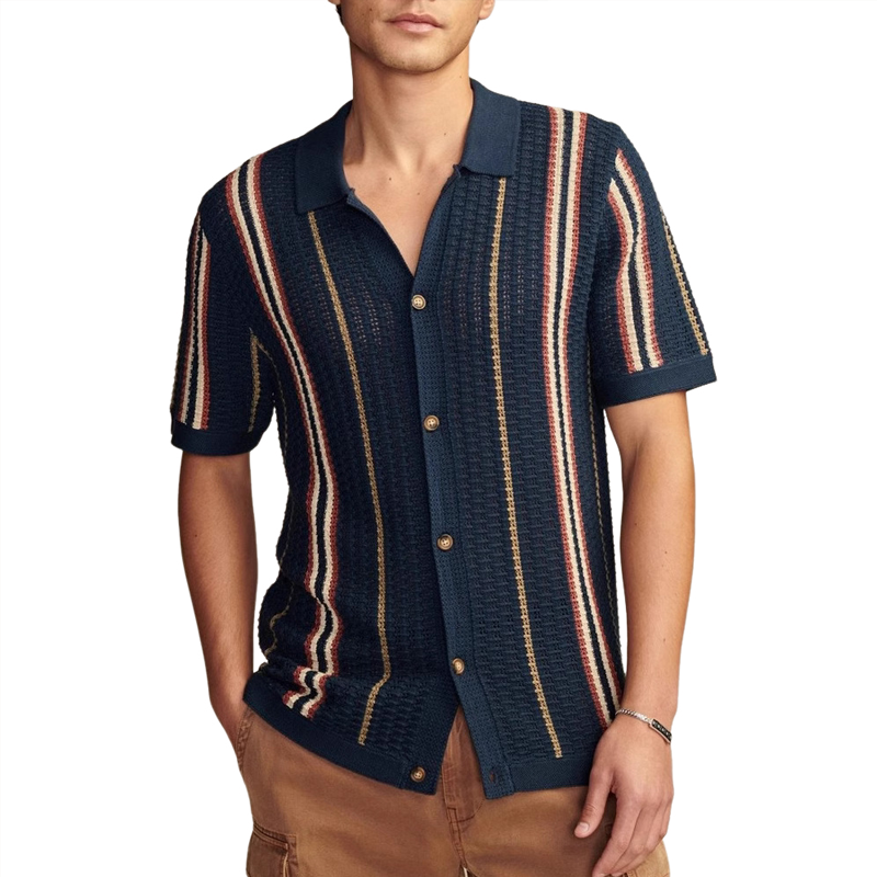 Men's Knitted Striped Jacquard Short-sleeved Shirt MTA0539G1X