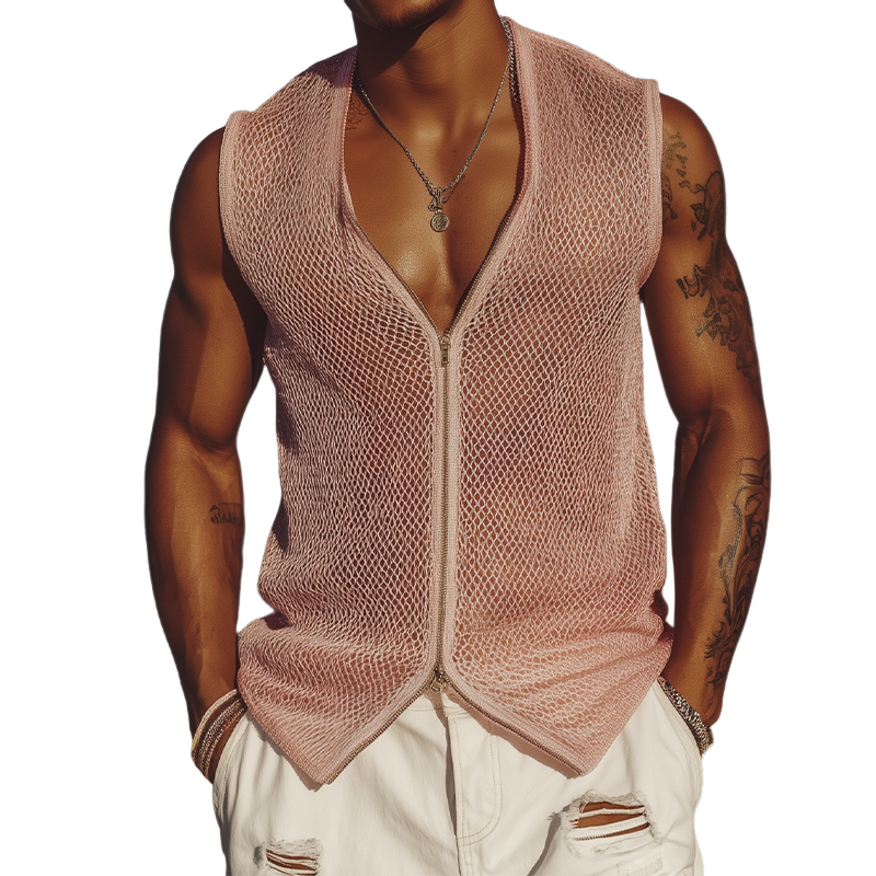 Men's Spring And Summer Fashion Casual Mesh Slim Zipper Deep V Neck Sleeveless Shirt MTA1947F7K