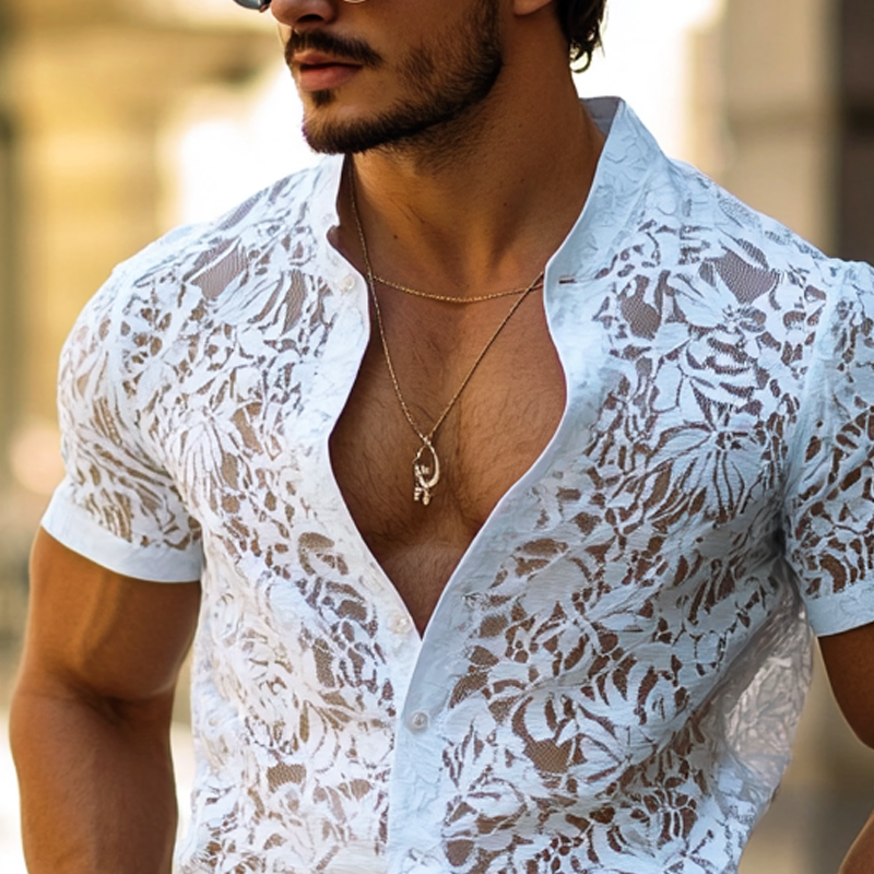 Men's Fashion Lace Stand Collar Short Sleeve Casual Shirt MTA1226E5Z