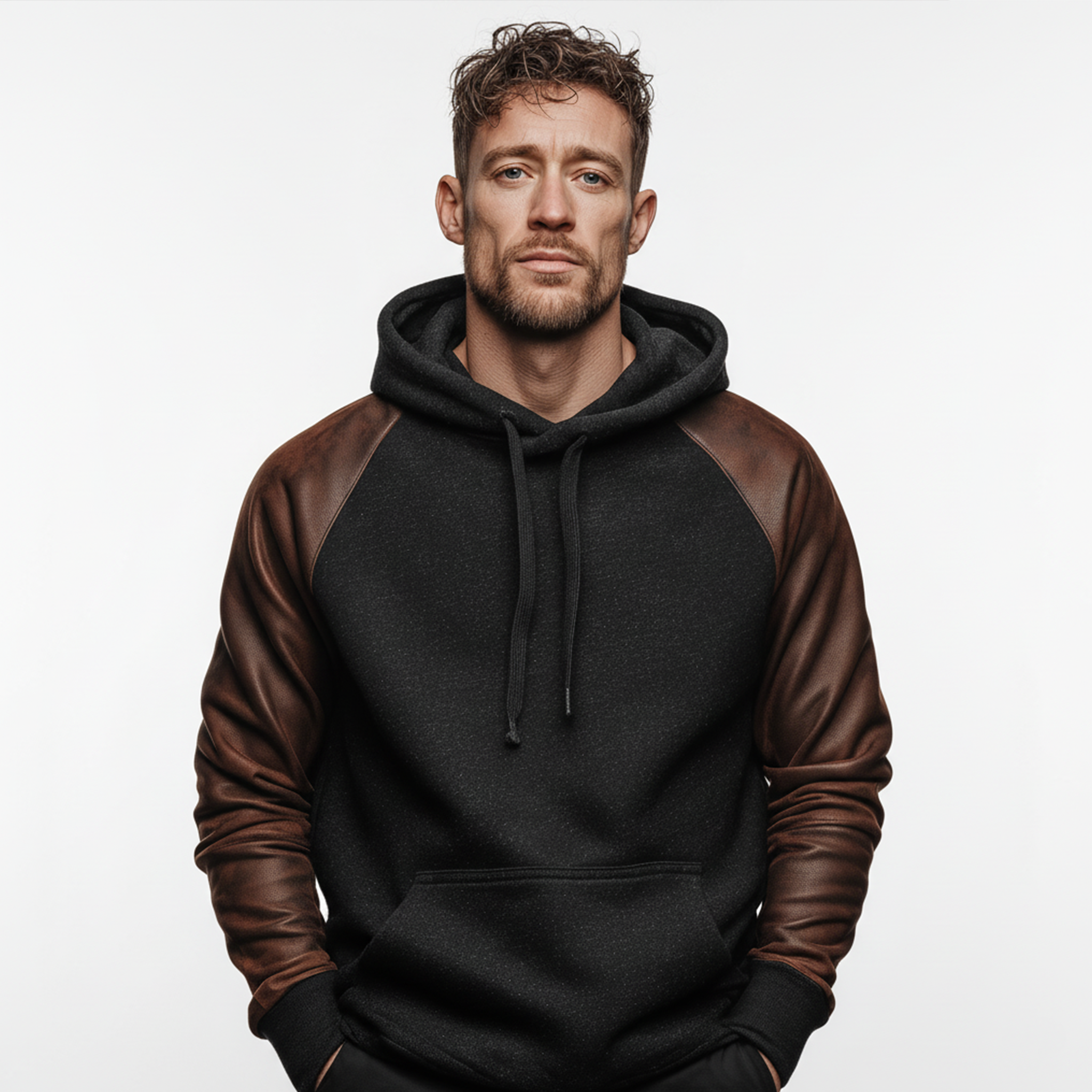 Men's Classic Casual Sleeve Stitching PU Leather Loose Cotton Blend Hoodie MTA0917J2K