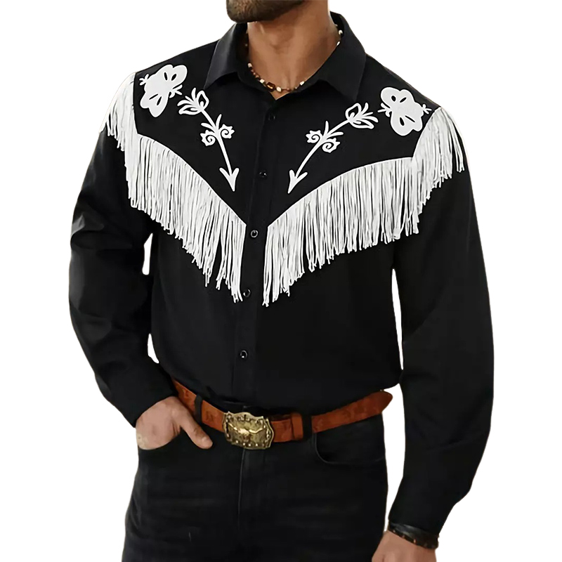 Men's Black Embroidered Tassel Long-sleeved Shirt 14320192U