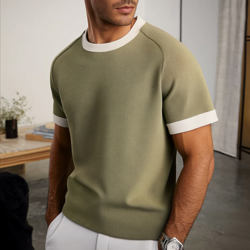 Men's Casual Contrast Color Round Neck Raglan Short Sleeve Slim Fit Knitted Sweater T-Shirt MTA1336E5M