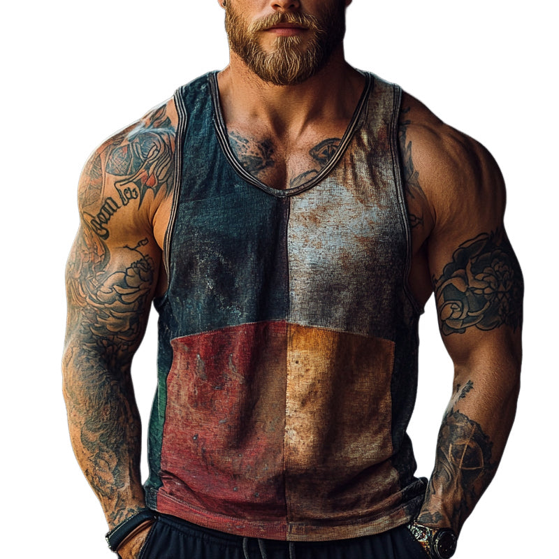 Men's Vintage Color Block Print Crew Neck Vest Top MTA0825E4X