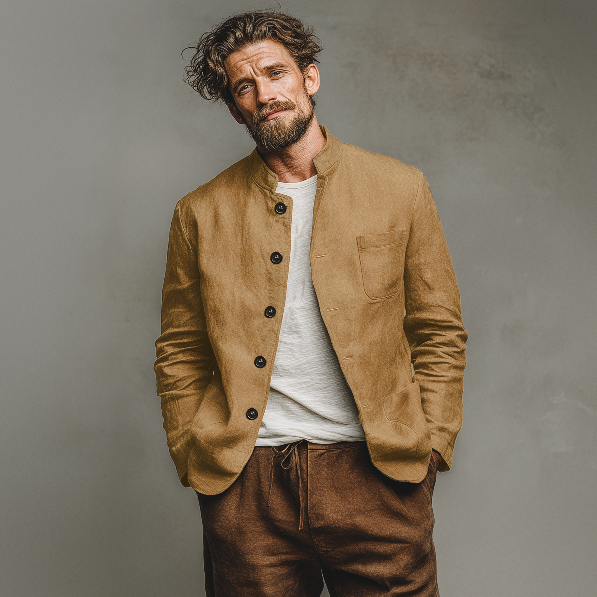Men's Classic Casual Stand-up Collar Cotton And Linen Multi-pocket Thin Jacket MTA2596G7K