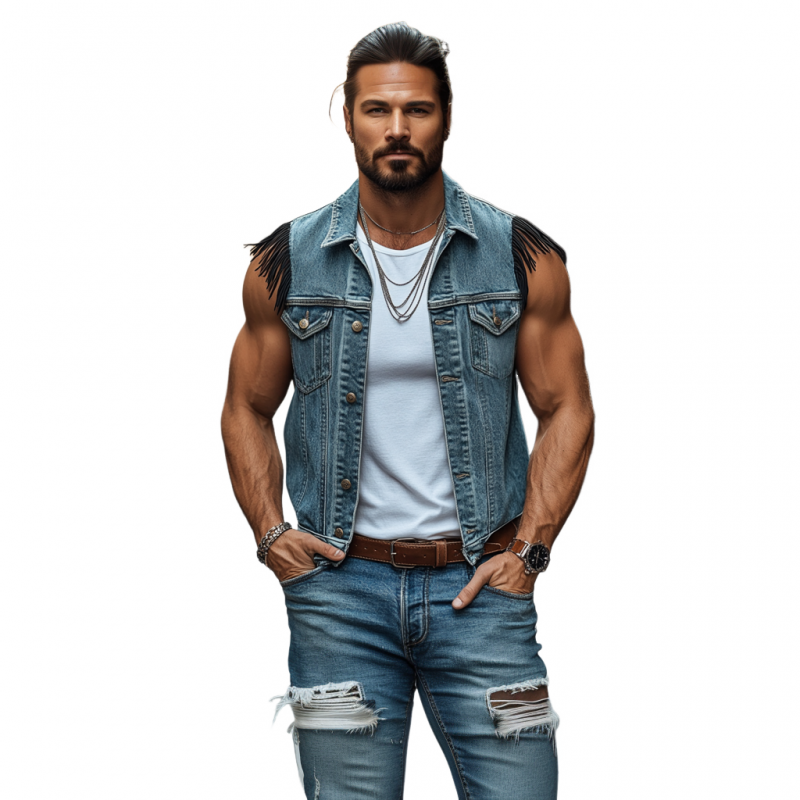 Men's Vintage Washed Distressed Lapel Single-breasted Shoulder Patchwork Tassel Denim Vest MTA2147E1M