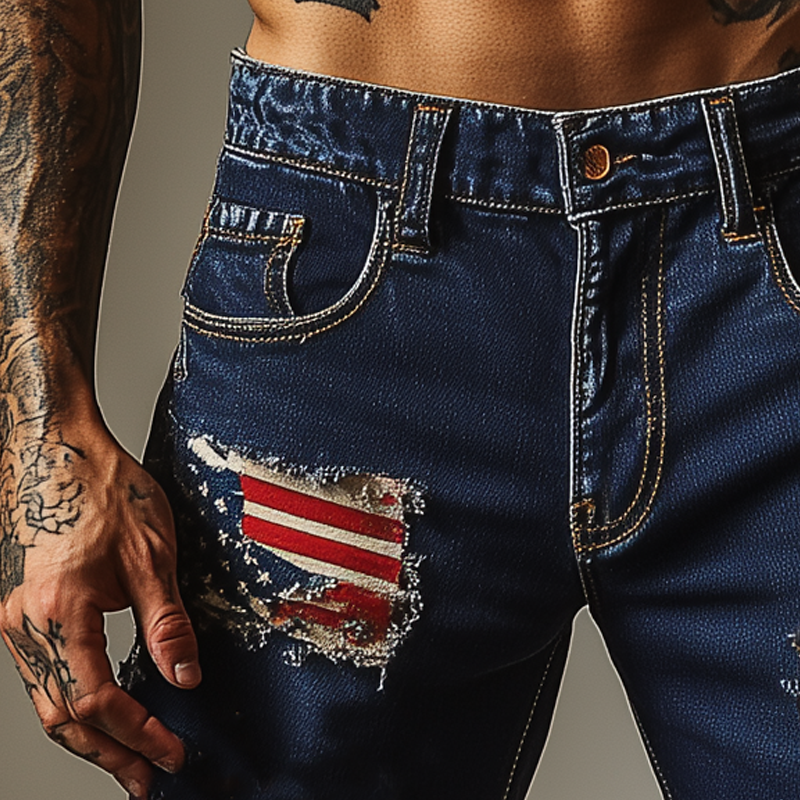 Men's American Flag Washed Ripped Denim Shorts MTA1749F4X