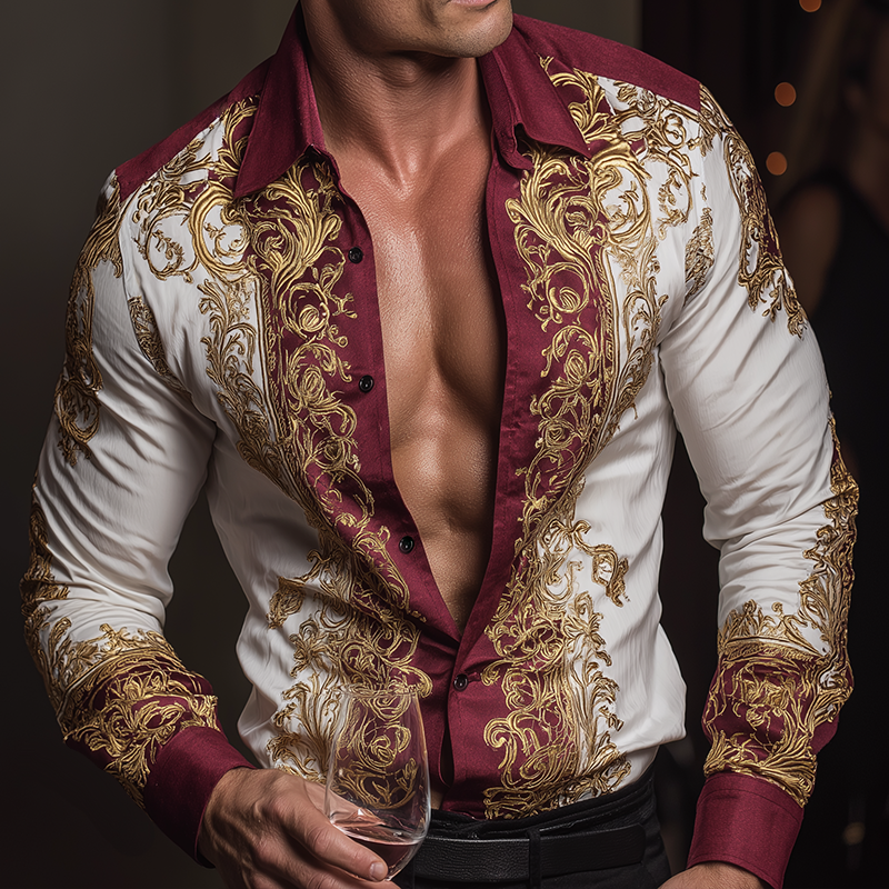 Men's Retro Casual Baroque Print Lapel Long Sleeve Shirt MTA3052G2TO