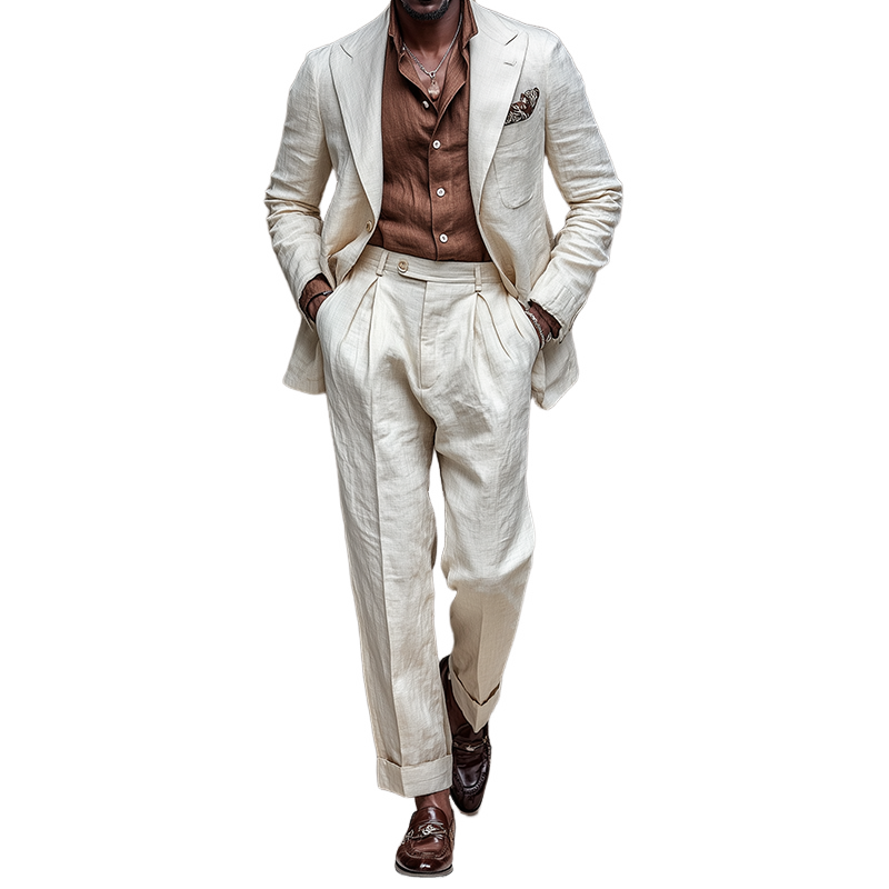 Men's Retro Casual Cotton Linen Blazer Two-Piece Set MTZ0419B0TO