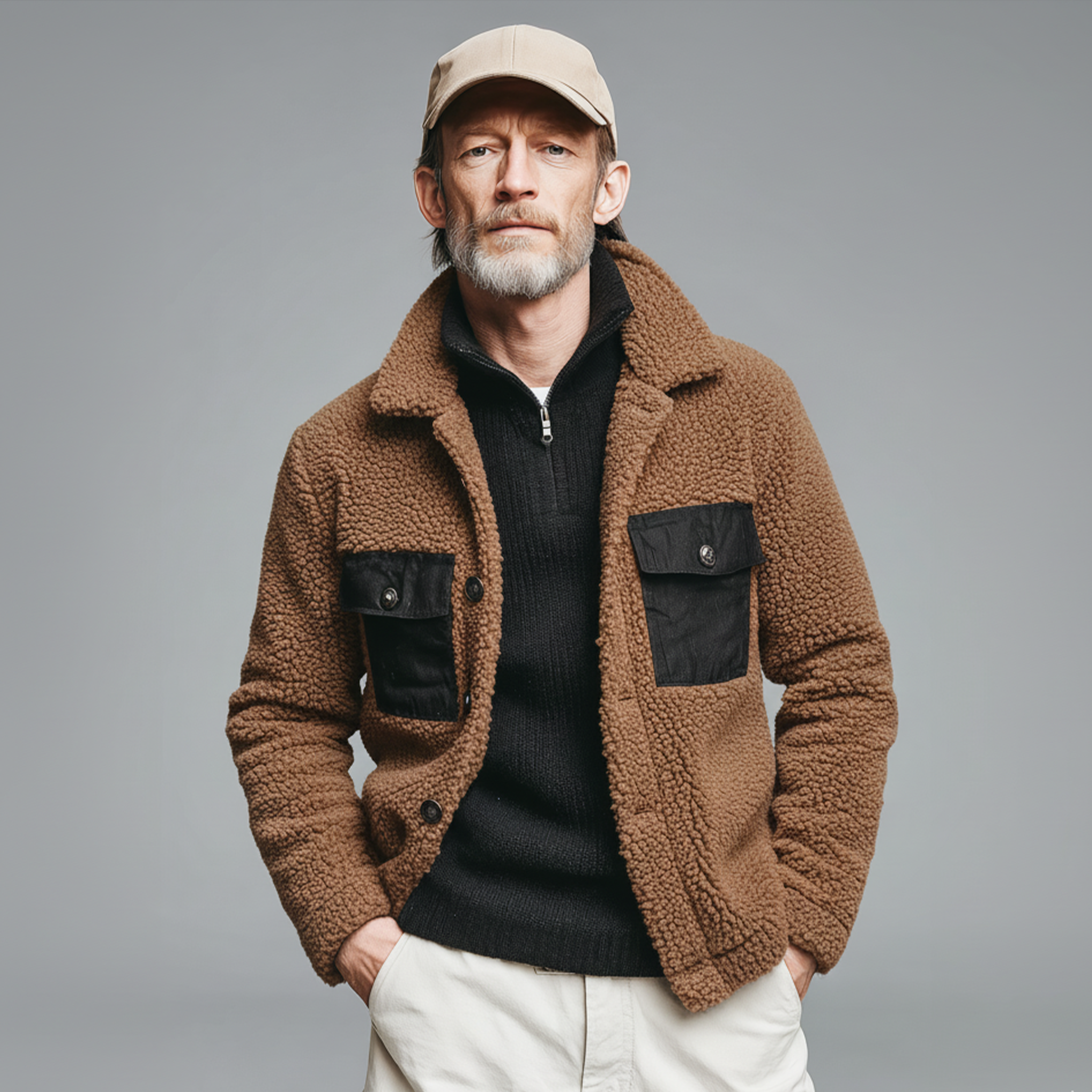 Men's Classic Casual Lapel Cotton Blend Pocket Button Teddy Fleece Jacket MTA1757J2K