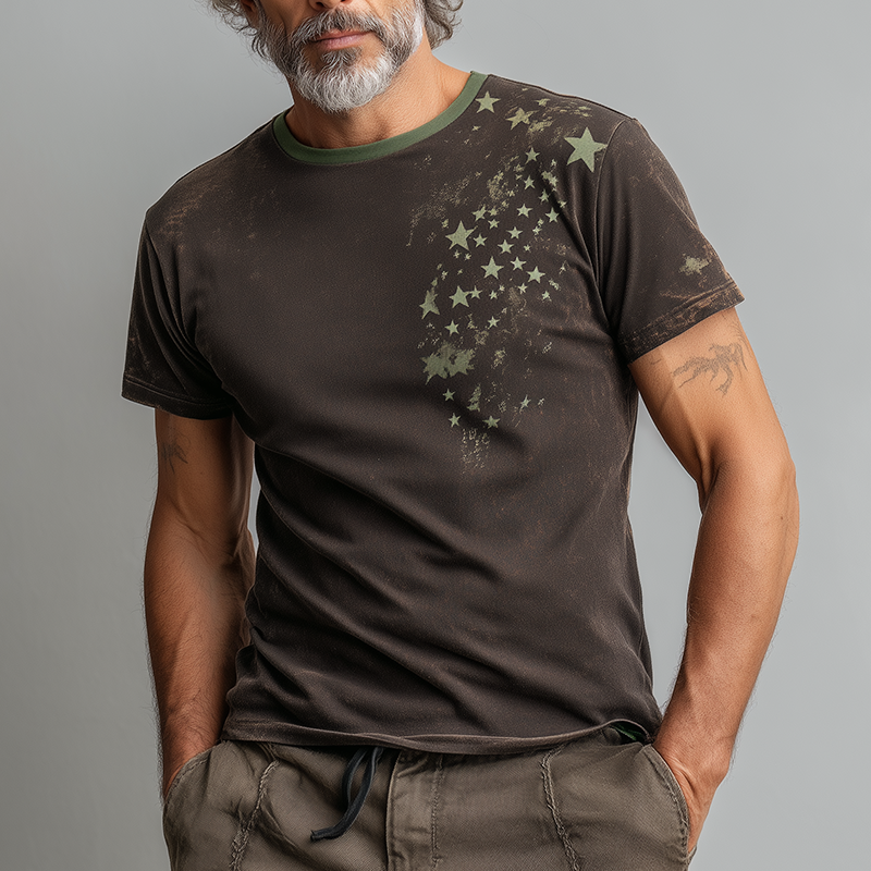 Men's Summer Fashion Star Print Distressed Cotton Blend Short-Sleeved T-Shirt MTA0385G0P