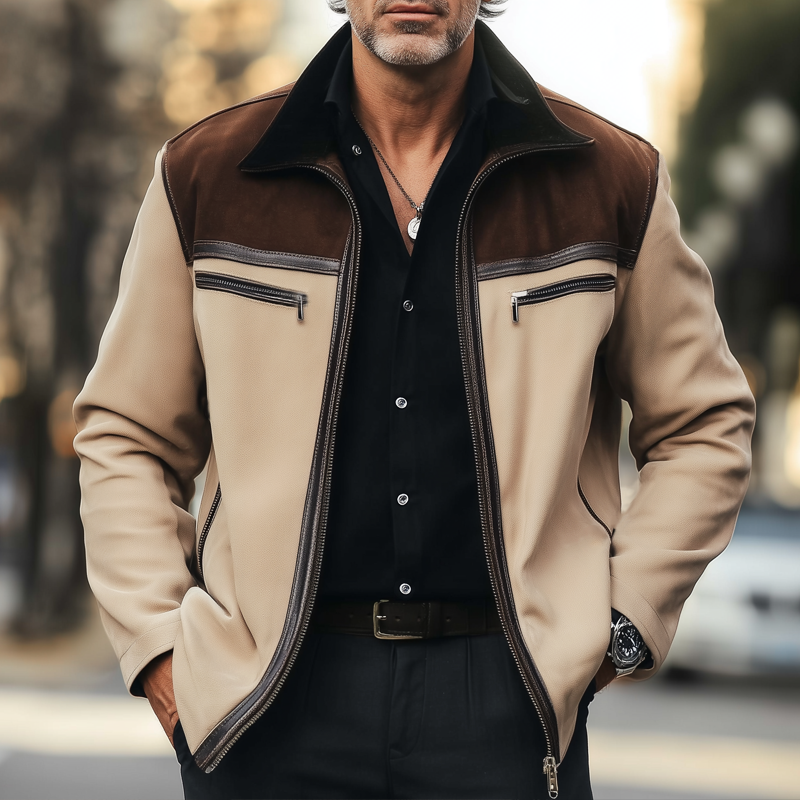 Men's Vintage Colorblock Suede Zip-Up Jacket MTA2928H8U
