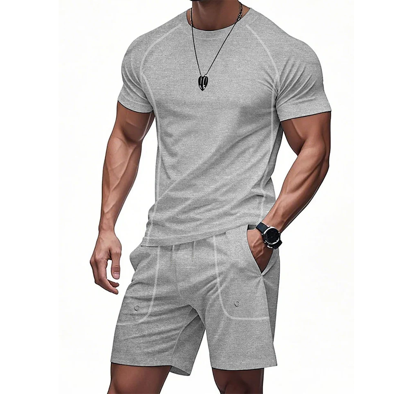 Men's Casual Solid Color Embroidered Short-sleeved Shorts Set MTA1761G7U