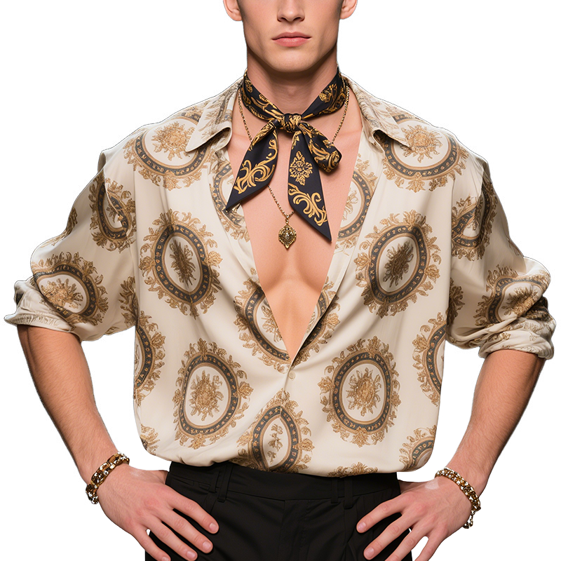 Men's Classic Retro Style Baroque Print Lapel Long Sleeve Shirt MTA2544F8TO