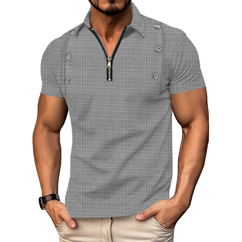 Men's Solid Color Textured Lapel Short Sleeve POLO Shirt MTA2176D8X