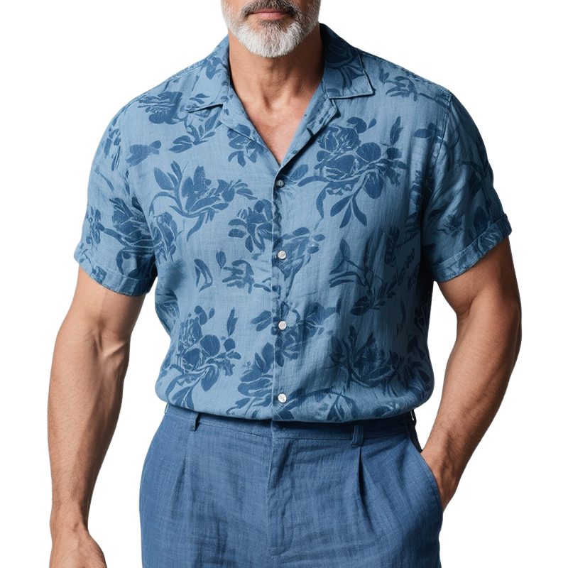 Men's Retro Casual Floral Print Linen Lapel Short Sleeve Shirt MTA2784F3TO