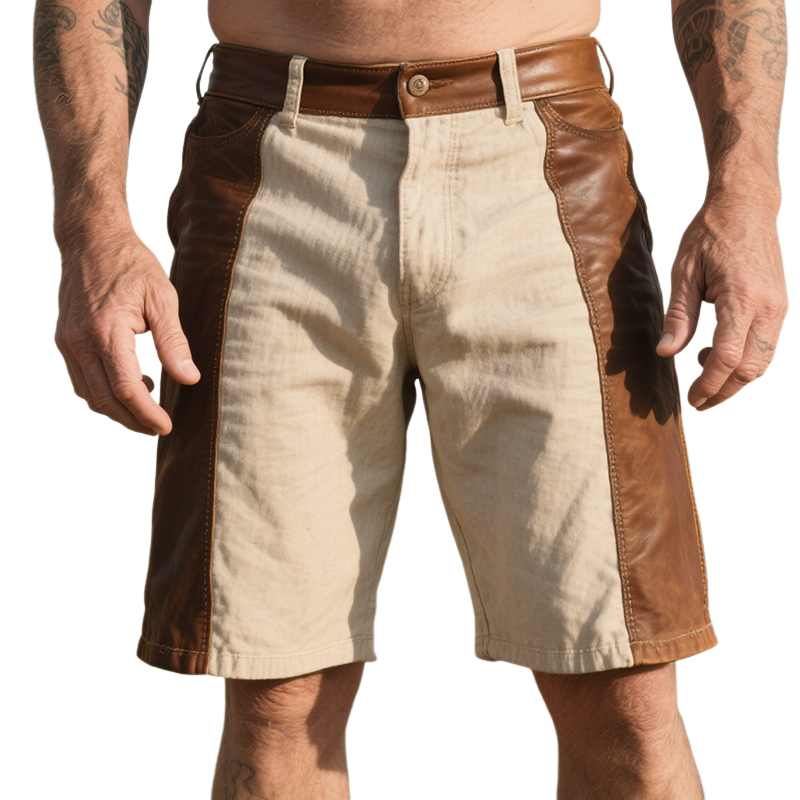 Men's Retro Western Cowboy Style Classic Ranch Leather Stitching Cotton Shorts MTA1363E2TO