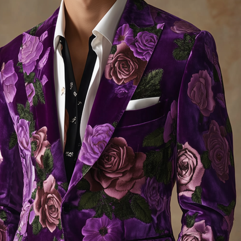 Men's Vintage Velvet Large Flower Print Casual Single Breasted Blazer MTA2137G6TO