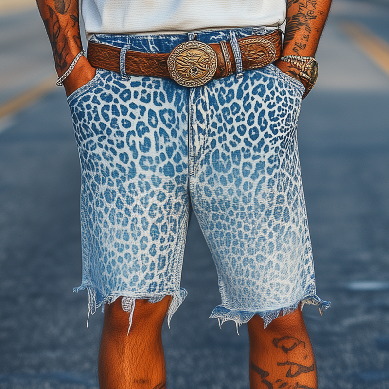 Men's Spring And Summer Fashion Retro Western Cowboy Style Washed Gradient Denim Leopard Print Loose Trousers Raw Edge Casual Shorts MTA1394E7K