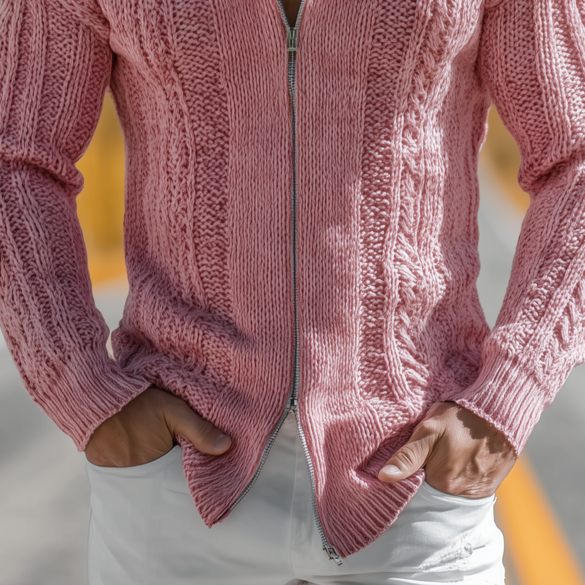 Men's Classic Casual Western Tough Style Stand Collar Zipper Slim Pink Knit Cardigan MTA0851I0K