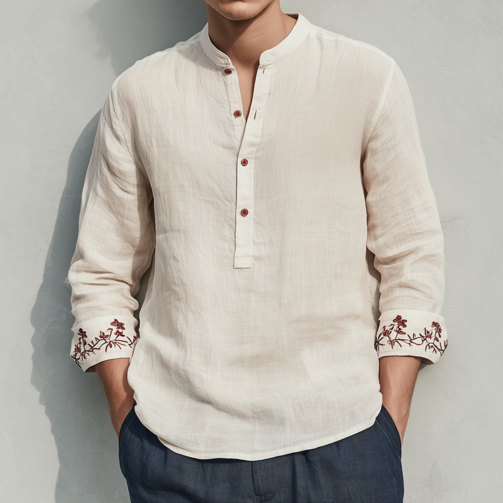 Men's Classic Casual Henley Collar Cotton And Linen Cuff Embroidery Loose Long Sleeve Shirt MTA2308G1K