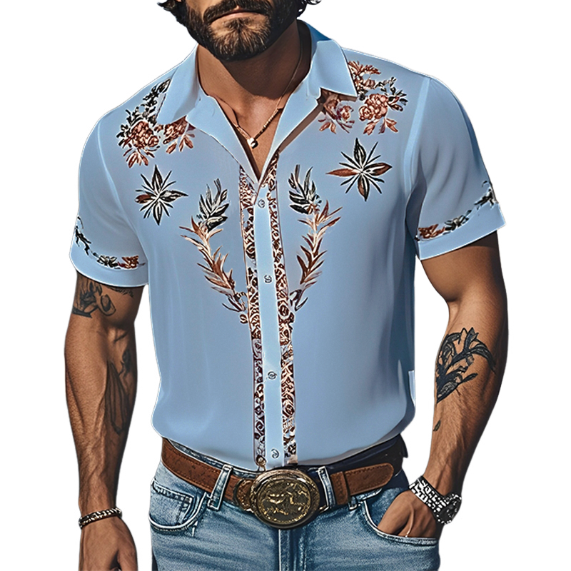 Men's Spring And Summer Fashion Casual Western Cowboy Style Light Chiffon Fabric Printed Short-sleeved Shirt MTA1632E8K