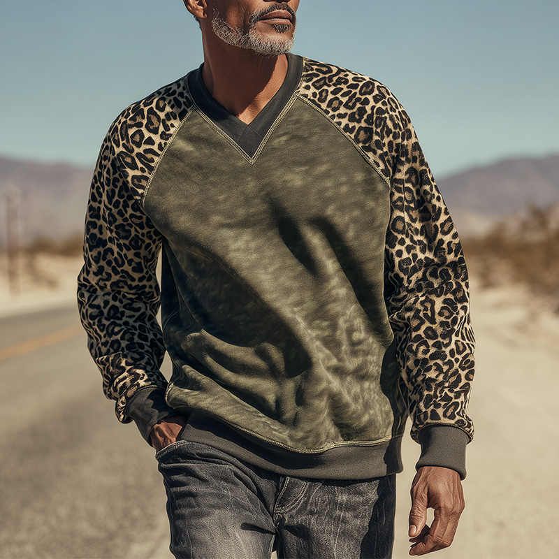 Men's Vintage Leopard Print Cotton Blend V-Neck Sweatshirt MTA1422H3P