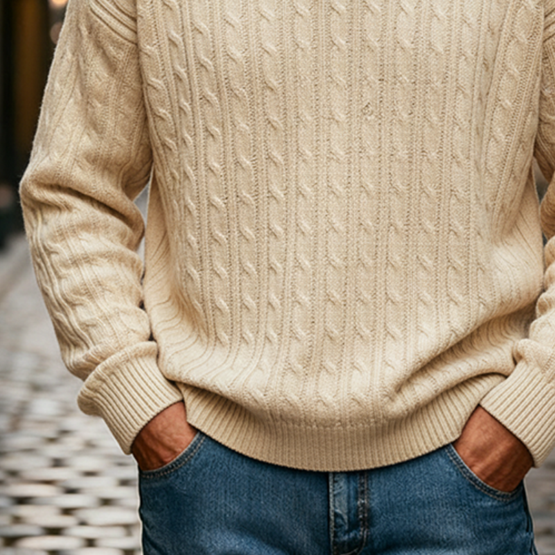 Men's Retro Solid Color Cable Knit Crew Neck Long Sleeve Sweater MTA0198K3X