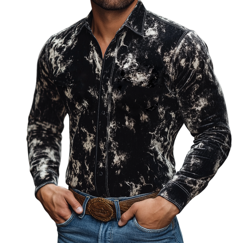 Men's Retro Casual Marble Print Velvet Lapel Long Sleeve Shirt MTA1996H0TO