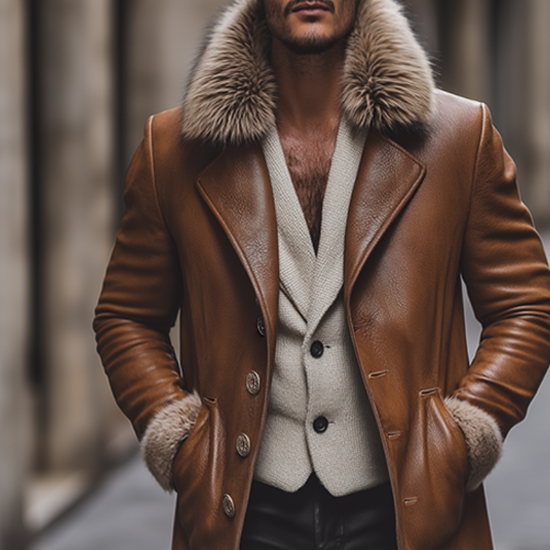 Men's Retro Casual Fur Collar Faux Leather Long Coat MTA2282I2TO