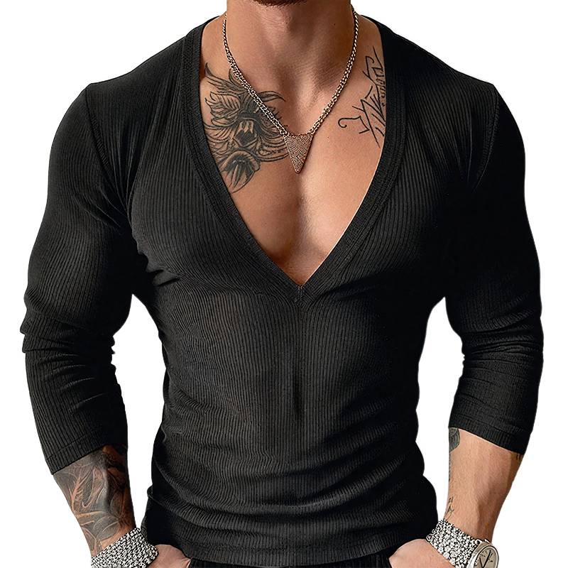 Men's Solid Color Striped V Neck Long Sleeve T-shirt MTA0272G1Z