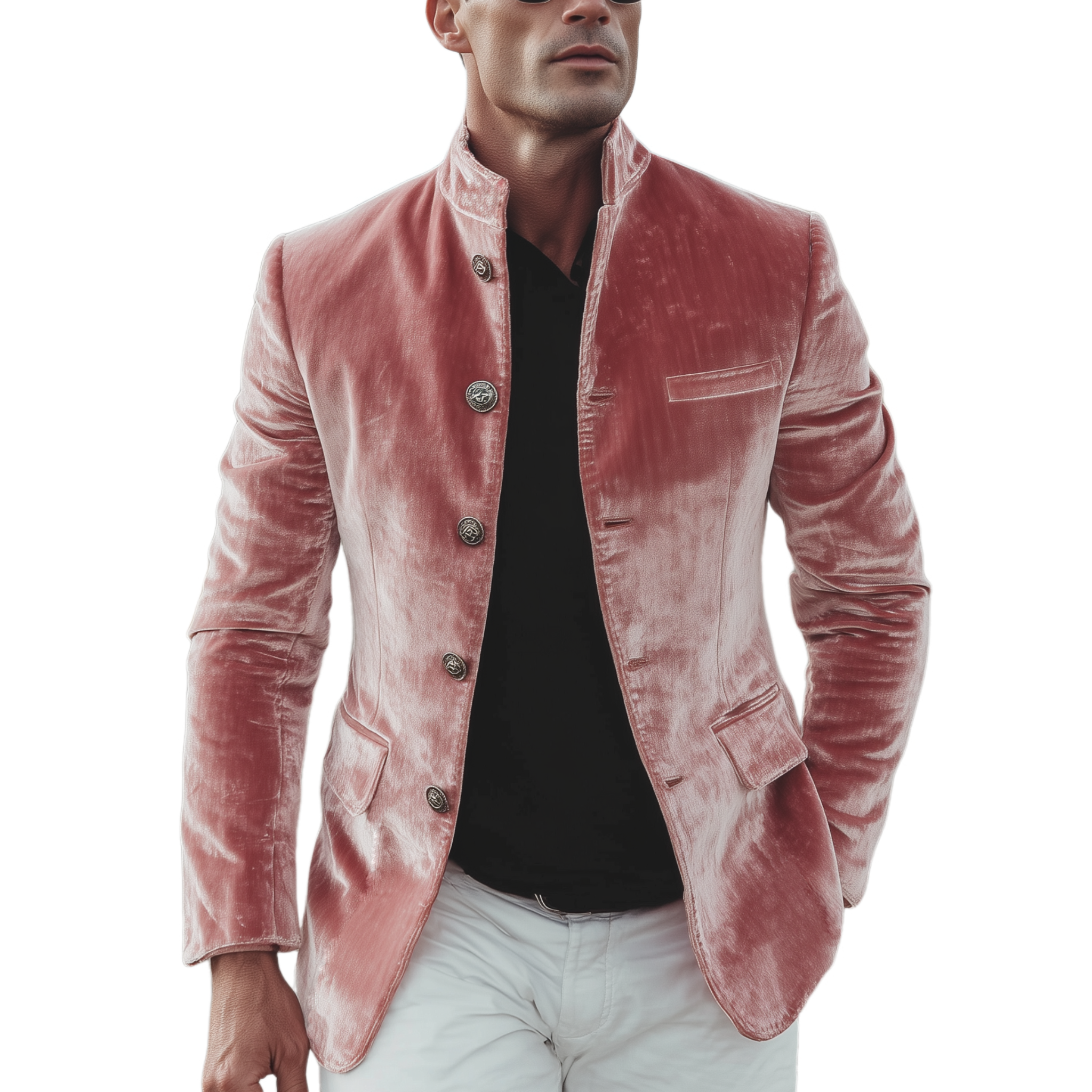 Men's Classic American Retro Stand Collar Button Pink Velvet Slim Jacket MTA1953H8K