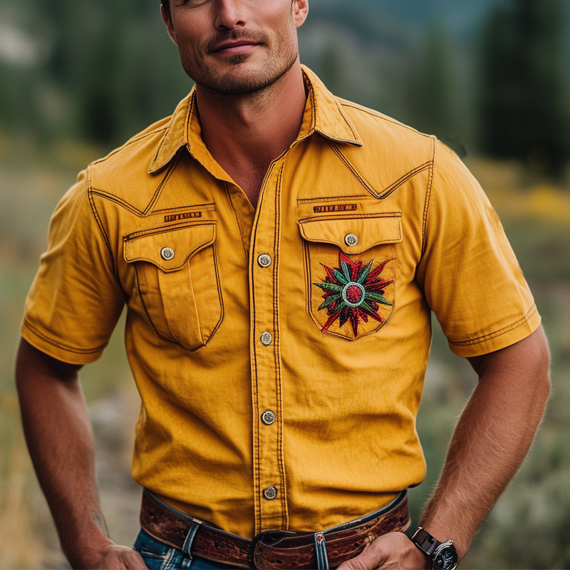 Men's Summer Yellow Exquisite Embroidered Short Sleeve Shirt MTA2895D1U