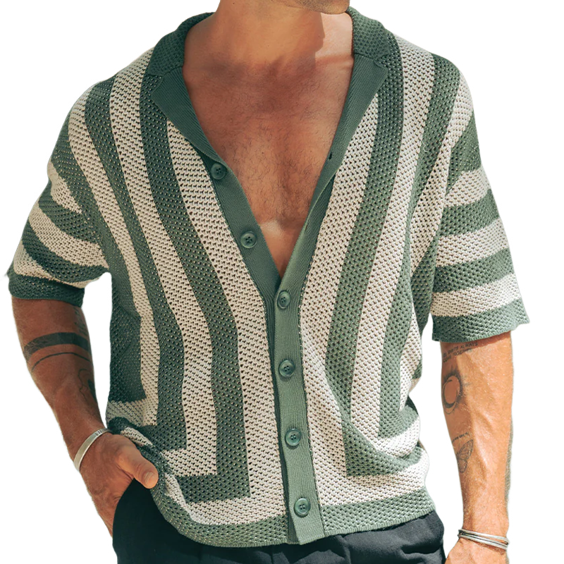 Men's Spring And Summer Fashion Casual Hollow Striped Knitted Short-sleeved Shirt MTA0466G0K