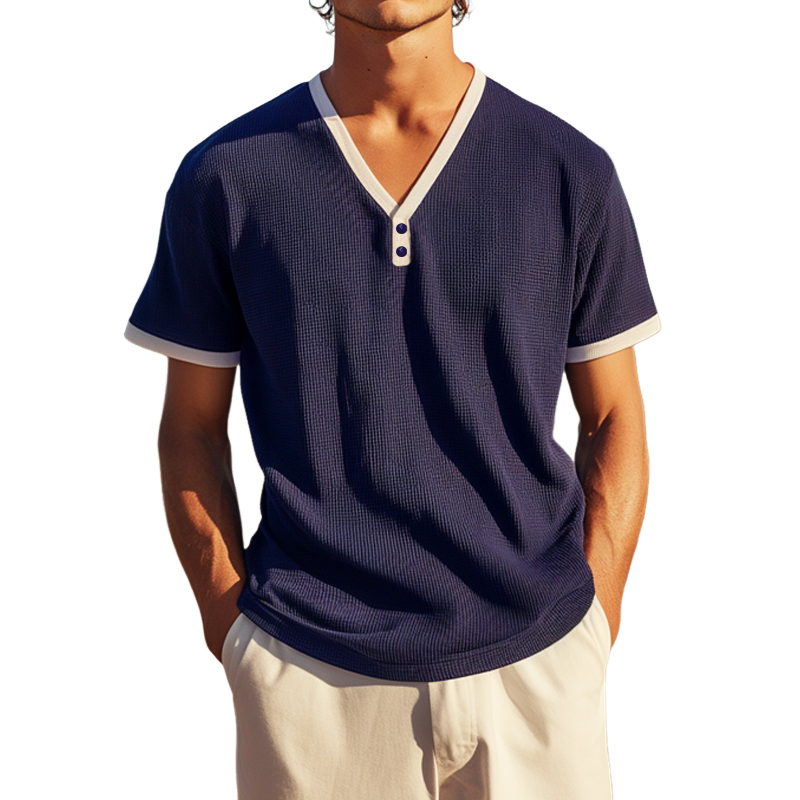 Men's Casual Cotton Blend Waffle Color Block Deep V Neck Loose Short Sleeve T-Shirt MTA0800E2M